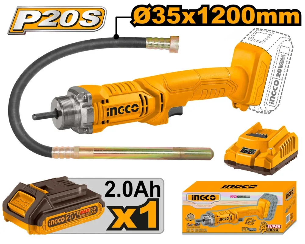 Vibrator pentru beton pe acumulator Li-Ion 20V/1*2Ah INGCO  CCVLI2023011
