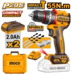 Mașina de înșurubat și găurit  cu impact pe acumulator  2*2.0 Ah  55Nm INGCO CIDLI20558
