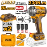 Masina de insurubat cu impact BLmotor Li-Ion 20V/2*2Ah 230N.m INGCO CIWLI20236