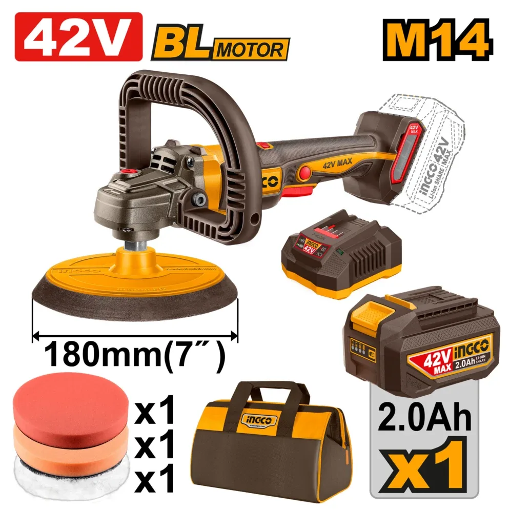 Mașină de lustruit 180mm cu acumulator 42V/1*2,0Ah INDUSTRIAL INGCO APLI42181