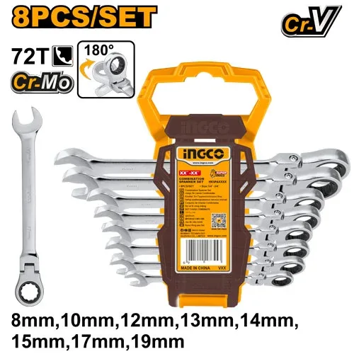 HKSPAR1083 Set chei combinate cu clinchet 8 buc 8-19mm INGCO HKSPAR1083 - imagine 1