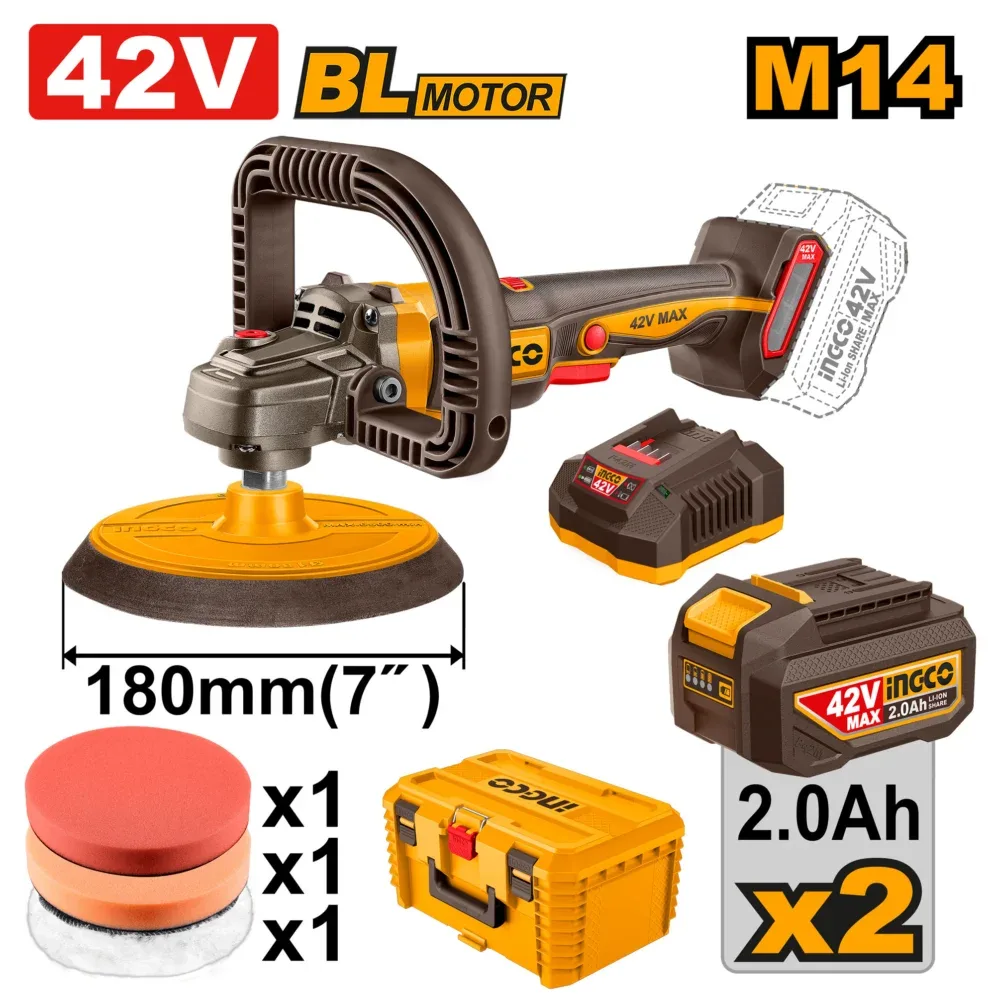 Masina de lustruit 180mm cu acumulator 42V/2*2.0Ah INGCO APLI42182