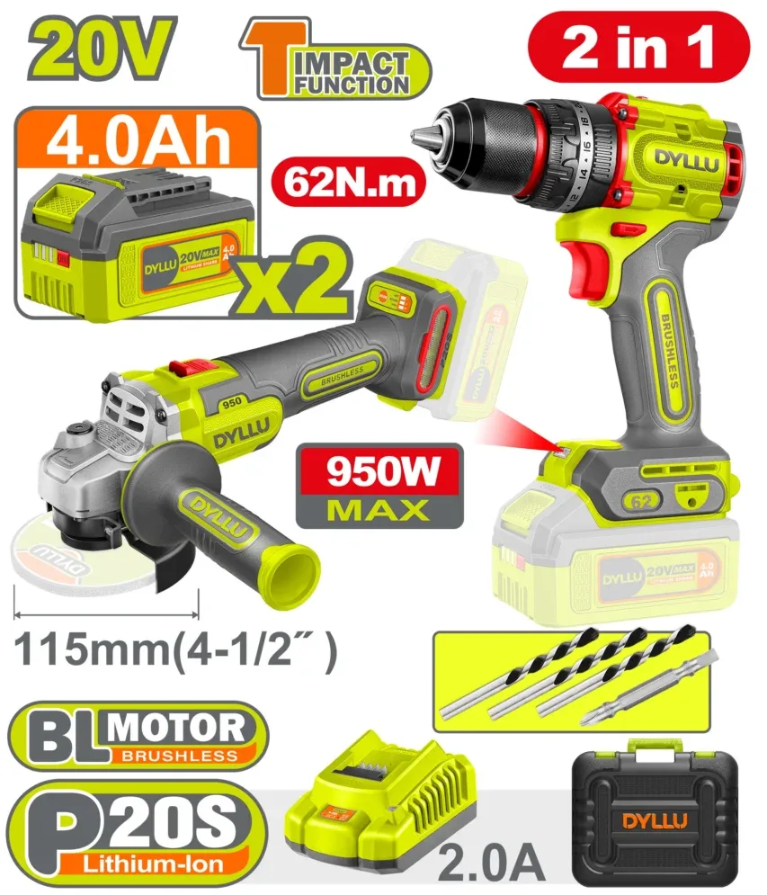 DTCK20273 SET MASINA DE INSURUBAT + POLIZOR UNGHIULAR CU ACUMULATORI 20V 2 Ah 4Ah DYLLU DTCK20273 - imagine 1