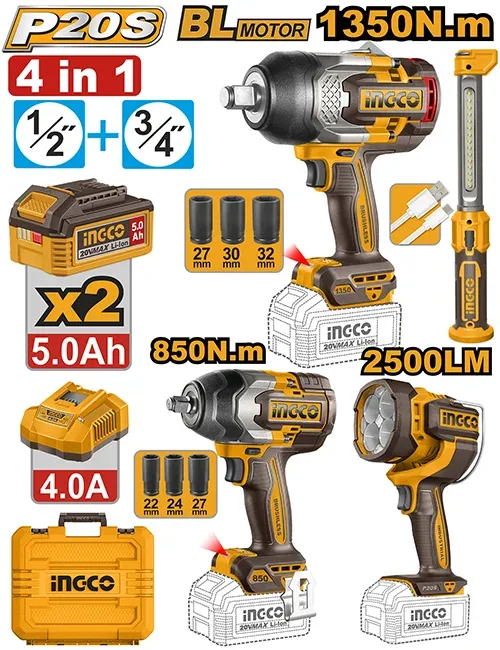 Set din 4 scule cu acumulator 20V/2*5.0Ah INDUSTRIAL INGCO COSLI260193