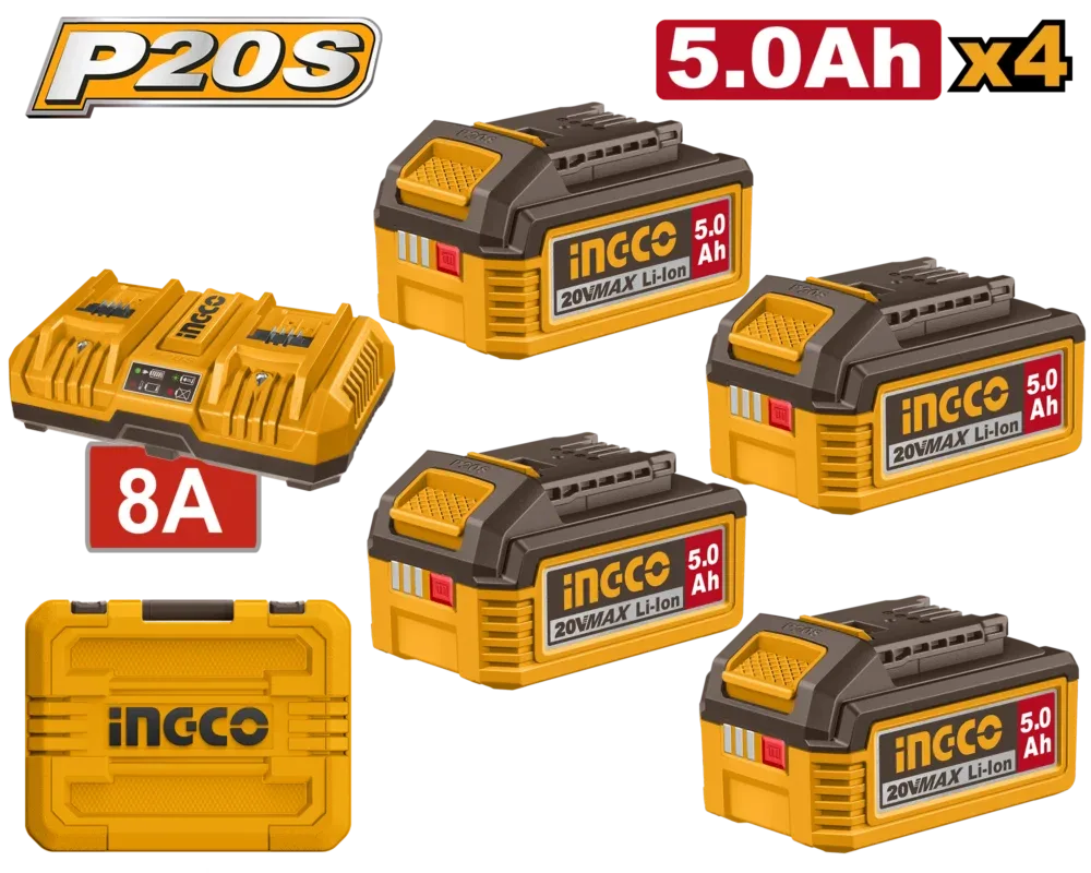 Set Incarcator 8A+ Acumulator 20V/4*5.0Ah INGCO FBCLI20285