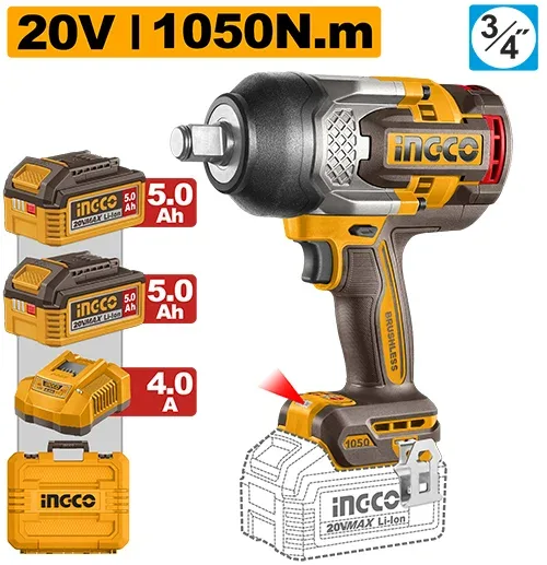 Mașină de înșurubat cu impact cu acumulator 20V/2*4.0Ah 1050N.m INGCO CIWLI201056