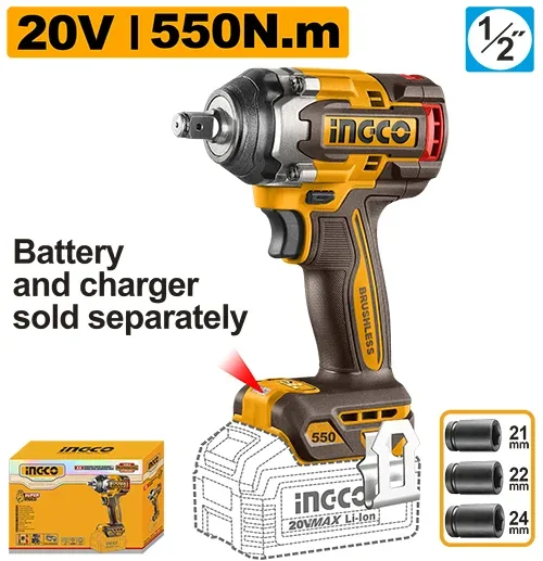 Mașină de înșurubat cu impact compatibilă cu acumulator 550N.m INGCO CIWLI20551